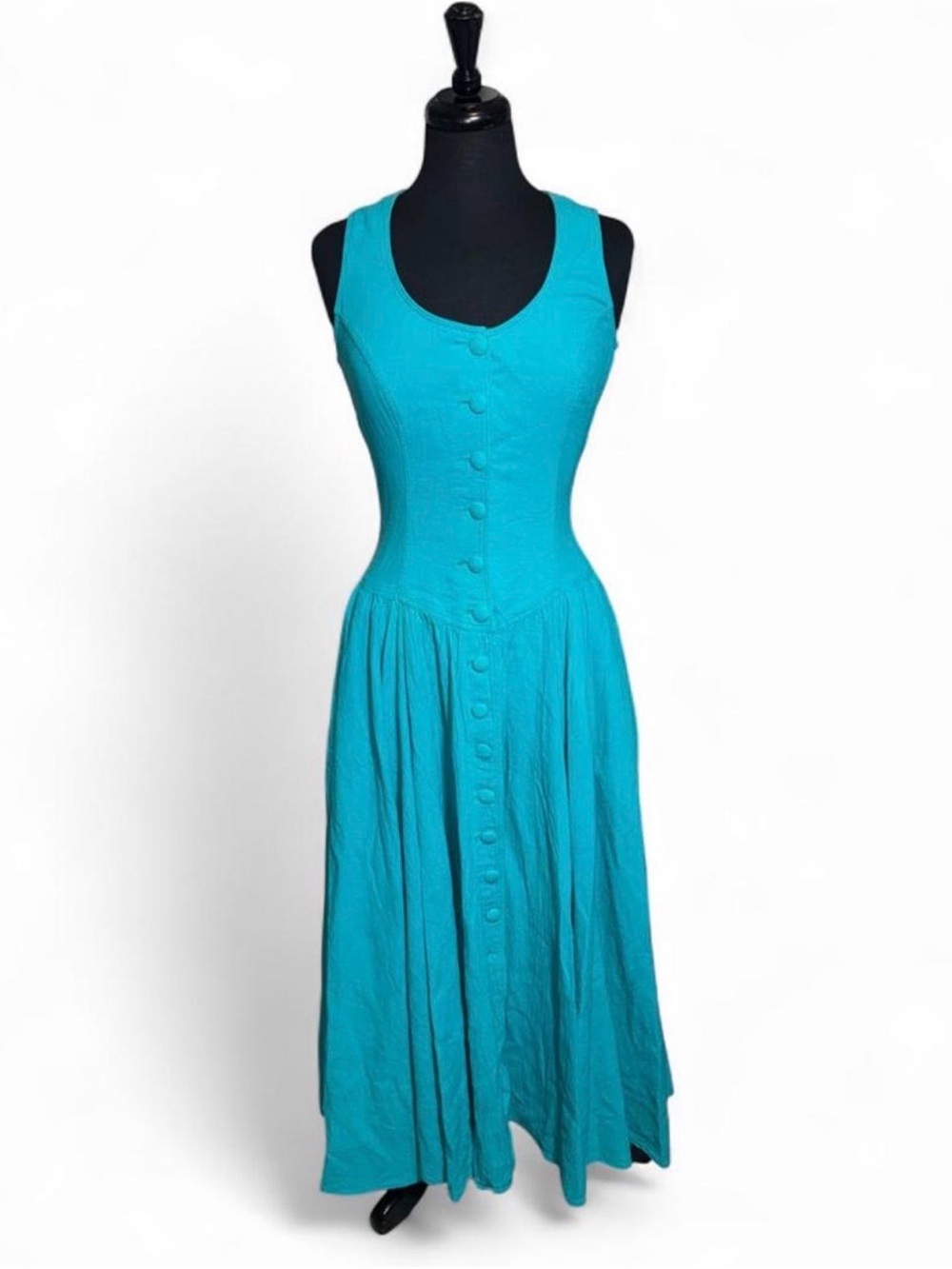 Vintage Sleeveless Button-Front Turquoise Maxi Dress